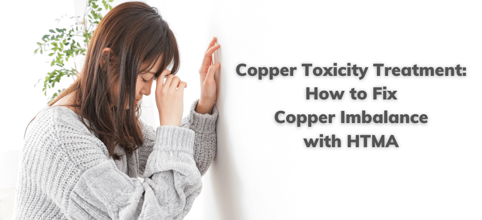 A woman in gray cardigan leaning on the wall and is about to faint. The caption on the right part of the image reads: Copper toxicity treatment: How to fix copper imbalance with HTMA